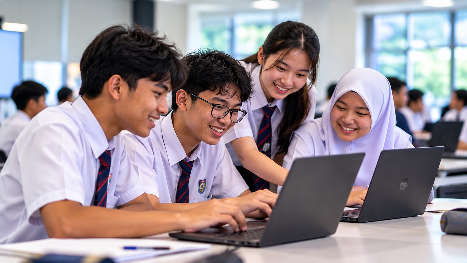 Secondary school students working together on a laptop